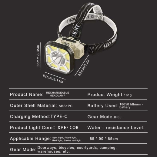 Ліхтар налобний Police 826XS-XPE+8COB, 1x18650, вело кріплення, ЗП Type-C, Box