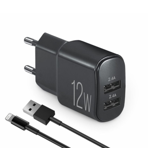 Мережевий зарядний пристрій Brevia ePower 12W 2xUSB-A + Cable USB-A to Lightning 1m