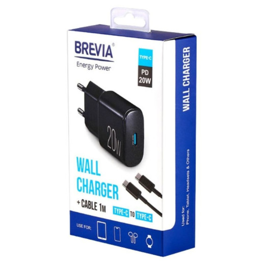 Мережевий зарядний пристрій Brevia ePower PD20W + Cable USB-C to USB-C 1m