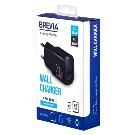 Мережевий зарядний пристрій Brevia ePower PD20W USB-C+USB-A