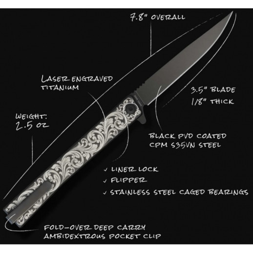 Ніж Ocaso Solstice, Engraved titanium Scroll Pattern, Black