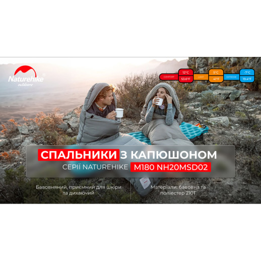Спальник з капюшоном Naturehike M180 NH20MSD02, лівий, сірий (6975641886655)