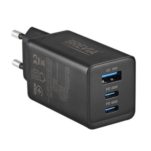 Мережевий зарядний пристрій Brevia ePowerGaN PD65W 2xUSB-C+USB-A