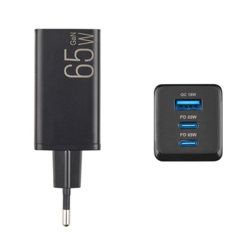 Мережевий зарядний пристрій Brevia ePowerGaN PD65W 2xUSB-C+USB-A