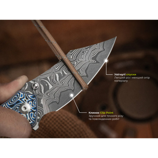 Ніж складаний туристичний Civivi Pentad (8.8 см) Damascus / Micarta синій/білий