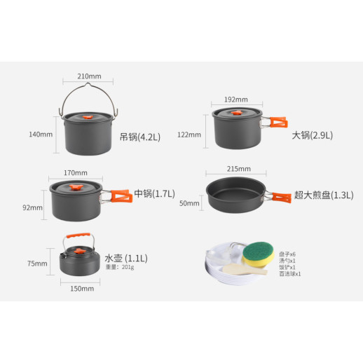 Набір туристичного посуду (2 каструлі з кришкою, котелок, сковорідка, чайник, 6 тарілок, ложка, черпак та губка) BRS-157, алюміній