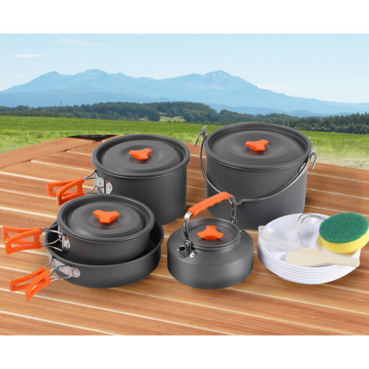 Набір туристичного посуду (2 каструлі з кришкою, котелок, сковорідка, чайник, 6 тарілок, ложка, черпак та губка) BRS-157, алюміній