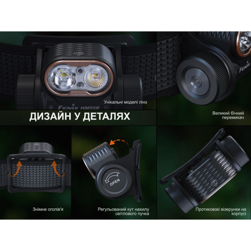 Ліхтар налобний Fenix HM55R з червоним світлом, чорний 1200 лм