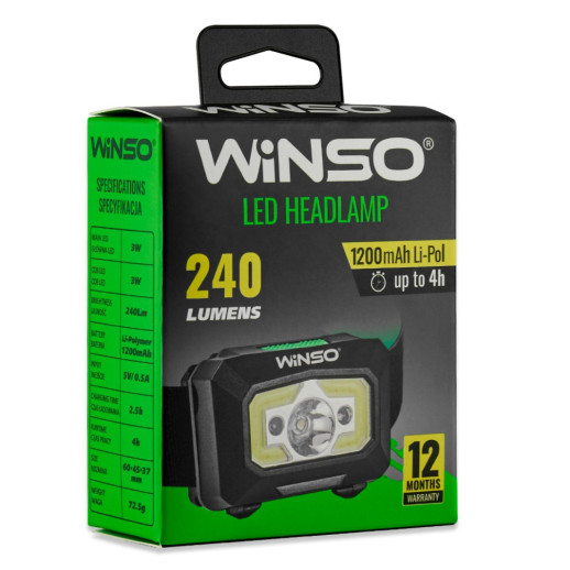 Ліхтар налобний Winso 240Lm, 3W XPE+ COB, 1200mAh, Sensor White/Red