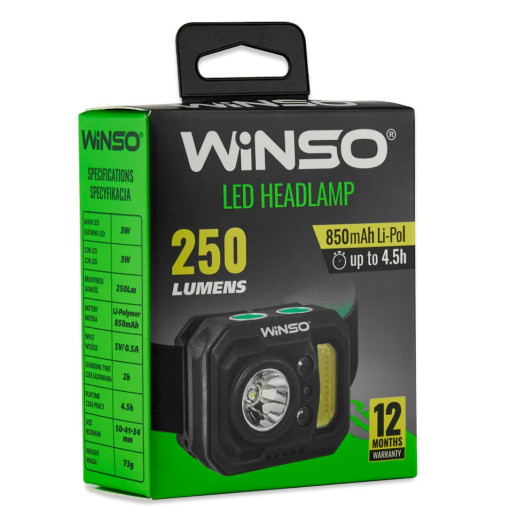 Ліхтар налобний Winso 250Lm, 3W XPE + 3W COB, 850mAh, Sensor White/Red