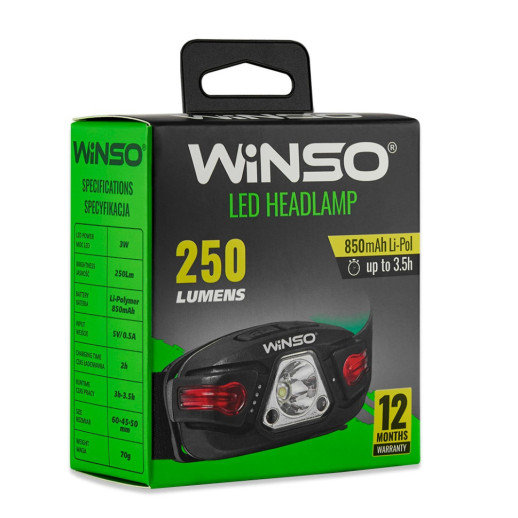 Ліхтар налобний Winso 250Lm, 5W LED, 850mAh, Sensor White/Red