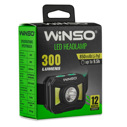 Ліхтар налобний Winso 300Lm, 3W + COB, 850mAh, White/Red
