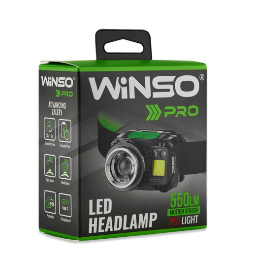 Ліхтар налобний Winso PRO 550Lm, 3W CREE XPG + COB, 1200mAh/3xAAA, Zoom, Sensor White/Red