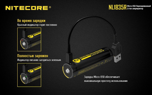 Акумулятор літієвий Li-Ion 18650 Nitecore NL1835R 3.6 V 3500mAh, USB, захищений