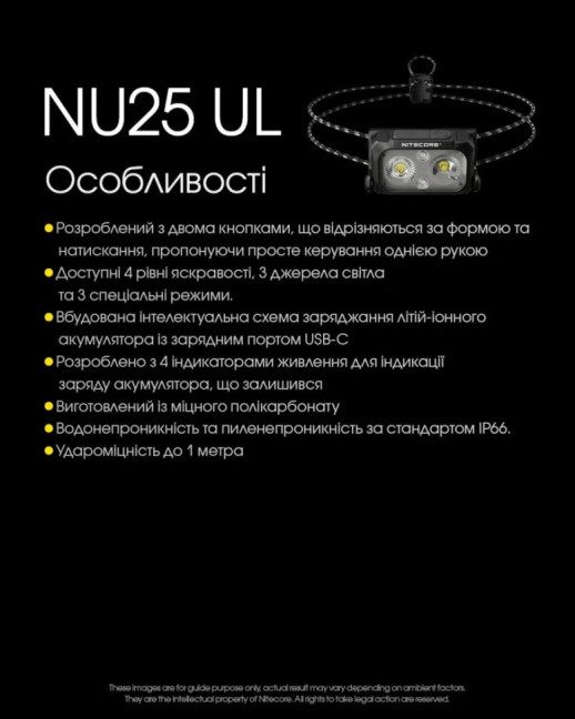 Ліхтар налобний Nitecore NU25 UL NEW2 (400 люмен), чорний