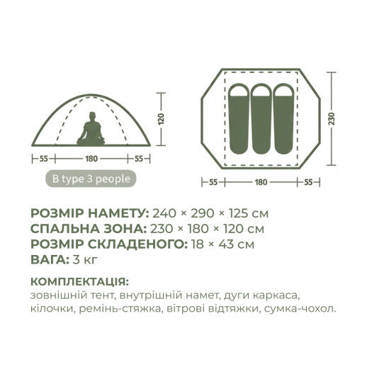 Намет тримісний Naturehike Bleik Series Tent CNK2550WS038, зелений (6977465863492)