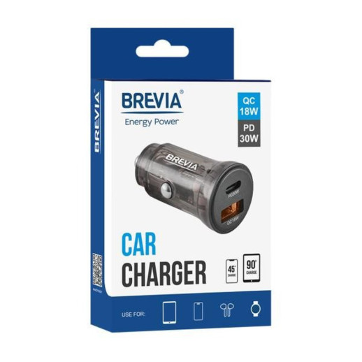 Автомобільний зарядний пристрій Brevia ePower DualCharge 30W 1xUSB-C+1xUSB-A, transparent black