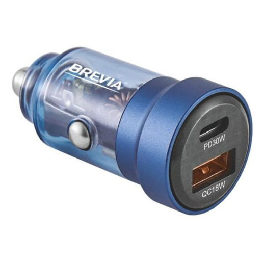 Автомобільний зарядний пристрій Brevia ePower DualCharge 30W 1xUSB-C+1xUSB-A, transparent blue