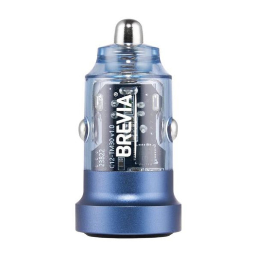 Автомобільний зарядний пристрій Brevia ePower DualCharge 30W 1xUSB-C+1xUSB-A, transparent blue