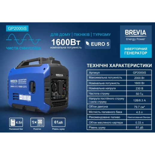 Генератор Brevia інверторний бензиновий 2,0 кВт (ном 1,6 кВт)