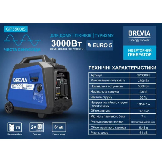 Генератор Brevia інверторний бензиновий 3,3 кВт (ном 3,0 кВт)