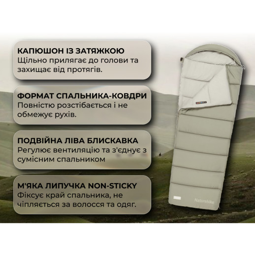 Спальний мішок з капюшоном Naturehike MS100 CNK2350WS023 правий, зелений