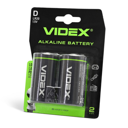 Батарейки лужні Videx LR20/D 2pcs упак Blister Card