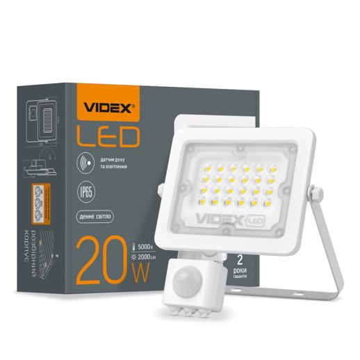 Прожектор VIDEX 20W 5000K з датчиком руху та освітлення 220V White (VL-F2e-205W-S)