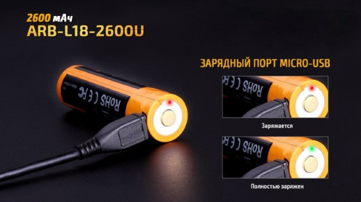 Аккумулятор 18650 Fenix 2600 mAh ARB-L18-2600U micro-usb (царапины, потертости, вскрыт блистер)