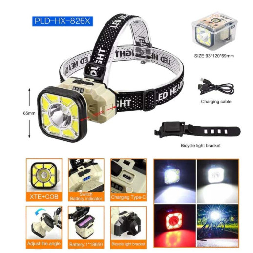 Фонарь налобный Police 826XS-XPE+8COB, 1x18650, вело крепление, ЗУ Type-C, Box