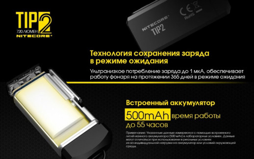 Фонарь Nitecore TIP2 (CREE XP-G3 S3 LED, 720 люмен, 4 режима, USB) (поврежденная упаковка/ремонт кнопки)