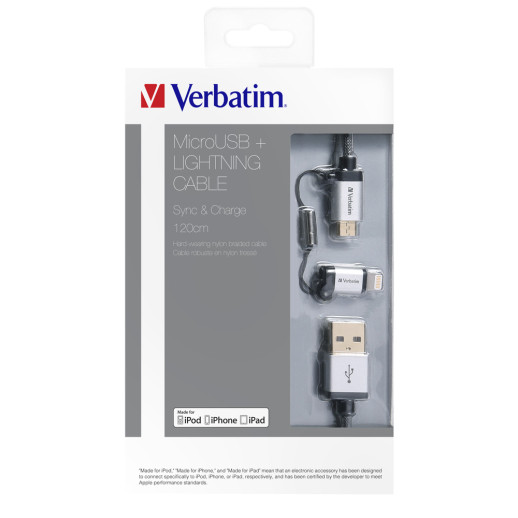 Кабель Verbatim Micro USB + Apple Lightning 120cm