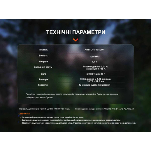 Аккумулятор 16340 Fenix (1050 mAh) Type-C