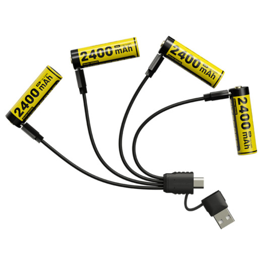 Комплект аккумуляторов литиевых Li-Ion AA Nitecore NH2400 1,5V (2400 mAh, USB Type-C), защищенный (4 шт, кабель)