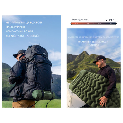 Матрас туристический надувной двухместный Naturehike CNK2550WS019, 200х125х6.5 см, зеленый, для кемпинга с мешком для надува