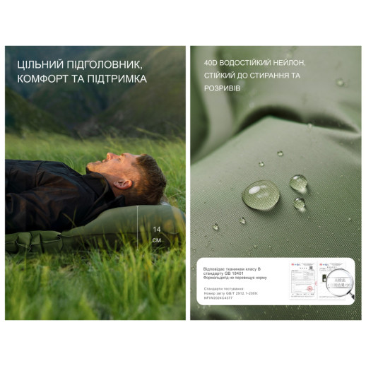 Матрас туристический надувной двухместный Naturehike CNK2550WS019, 200х125х6.5 см, зеленый, для кемпинга с мешком для надува