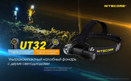 Фонарь налобный Nitecore UT32 (Cree XP-L2 V6+ Cree XP-L V6, 1100 люмен, 12 режимов, 1х18650) (поврежденная упаковка)