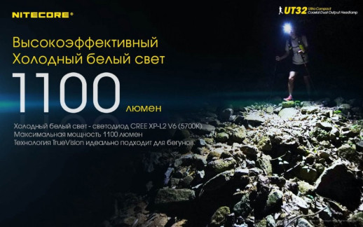 Фонарь налобный Nitecore UT32 (Cree XP-L2 V6+ Cree XP-L V6, 1100 люмен, 12 режимов, 1х18650) (поврежденная упаковка)
