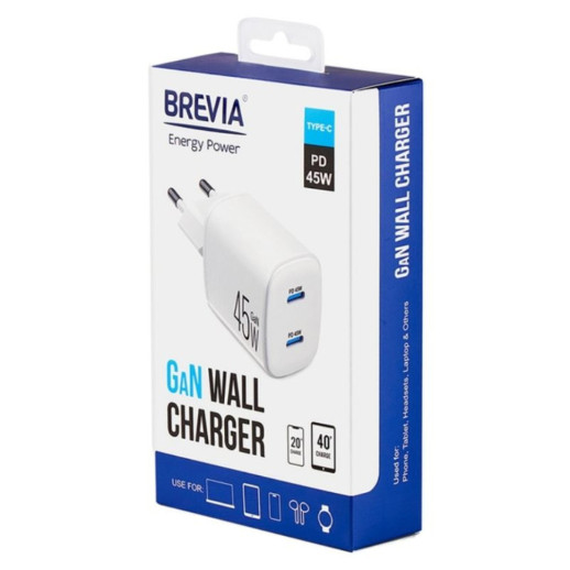 Сетевое зарядное устройство Brevia ePowerGaN PD45W 2xUSB-C