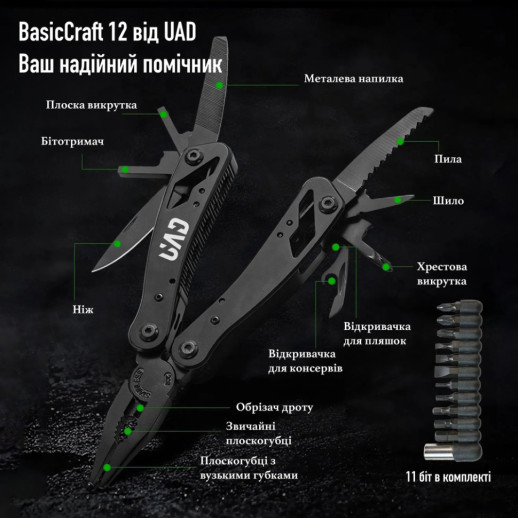 Мультитул профессиональный UAD BasicCraft 12 инструментов 420 Черный