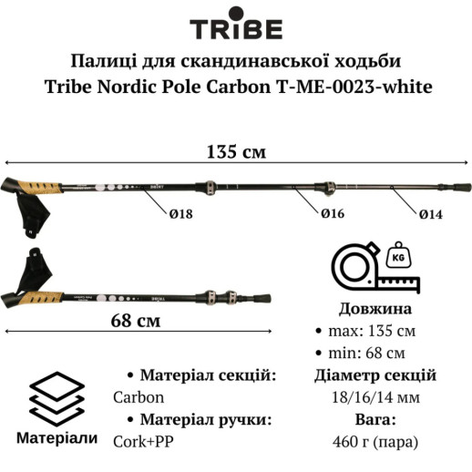 Палки для скандинавской ходьбы Tribe Nordic Pole Carbon T-ME-0023-white