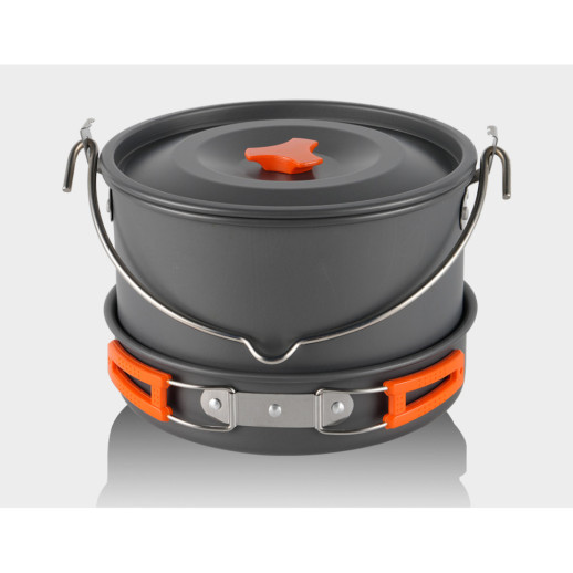 Набор туристической посуды (2 кастрюли с крышкой, котелок, сковорода, чайник, 6 тарелок, ложка, черпак и губка) BRS-157, алюминий