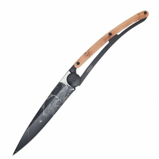 Нож Deejo Tattoo Wood Black 37 g, Juniper, "Trout"
