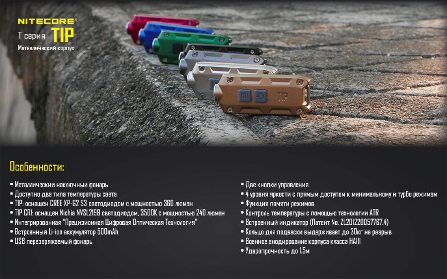 Фонарь Nitecore TIP (серый, синий, стальной, черный)