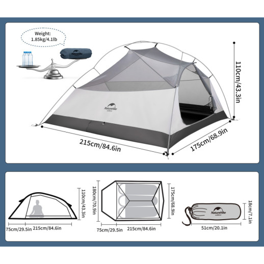 Палатка сверхлегкая трехместная с футпринтом Naturehike Cloud Up 3 UL NH18T030-T-T, 20D, темно-синяя