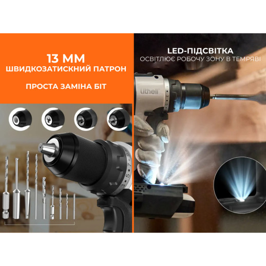 Аккумуляторный ударный шуруповерт Litheli бесщеточный, питание от павербанка (УМБ Litheli Power Bank 20000 mAh, 45 W, 2А в комплекте)