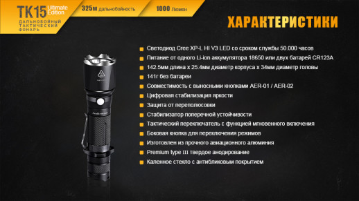 Тактический фонарь Fenix TK15UE, XP-L HI V3 LED, 450 люмен, черный