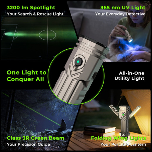 Фонарь Wurkkos HD02 3200lm, 365 nm UV light+520 nm green beam+Side light mode Stepless Dimming, 1×21700 5000mah battery
