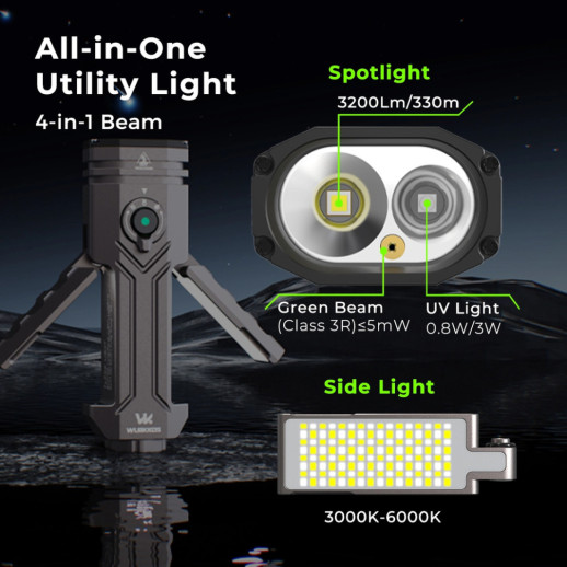 Фонарь Wurkkos HD02 3200lm, 365 nm UV light+520 nm green beam+Side light mode Stepless Dimming, 1×21700 5000mah battery