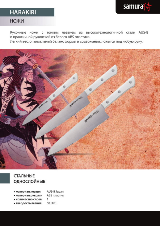 Нож кухонный Samura Harakiri для тонкой нарезки, 195 мм, SHR-0045W